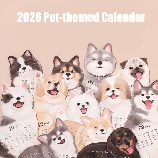 2026 Small Desk Calendar with Wooden Base Cute Dog Cat Patterns Monthly Planner
