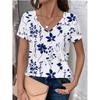 Женская модная футболка с цветочным принтом, модные короткие рукава, V-образный вырез, обычные топы, повседневные футболки с принтом, лето 2025 года, повседневные топы Y2K