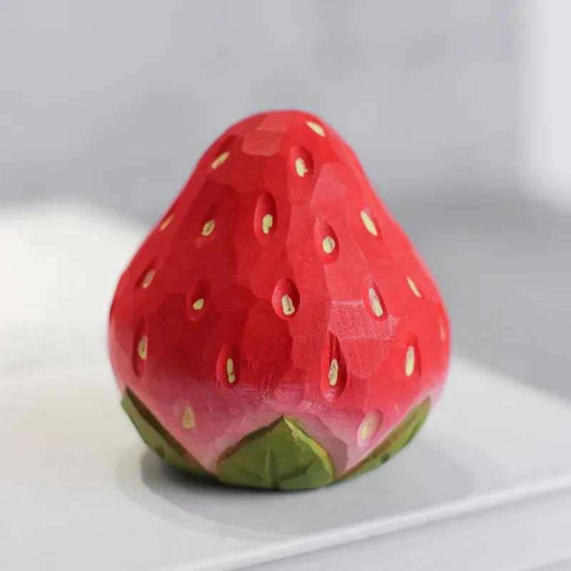 Strawberry Handmade Wood Carving Ornament Household Simple Healing Office Desktop Fruits Ornament Gift for Girlfriend's Birthday