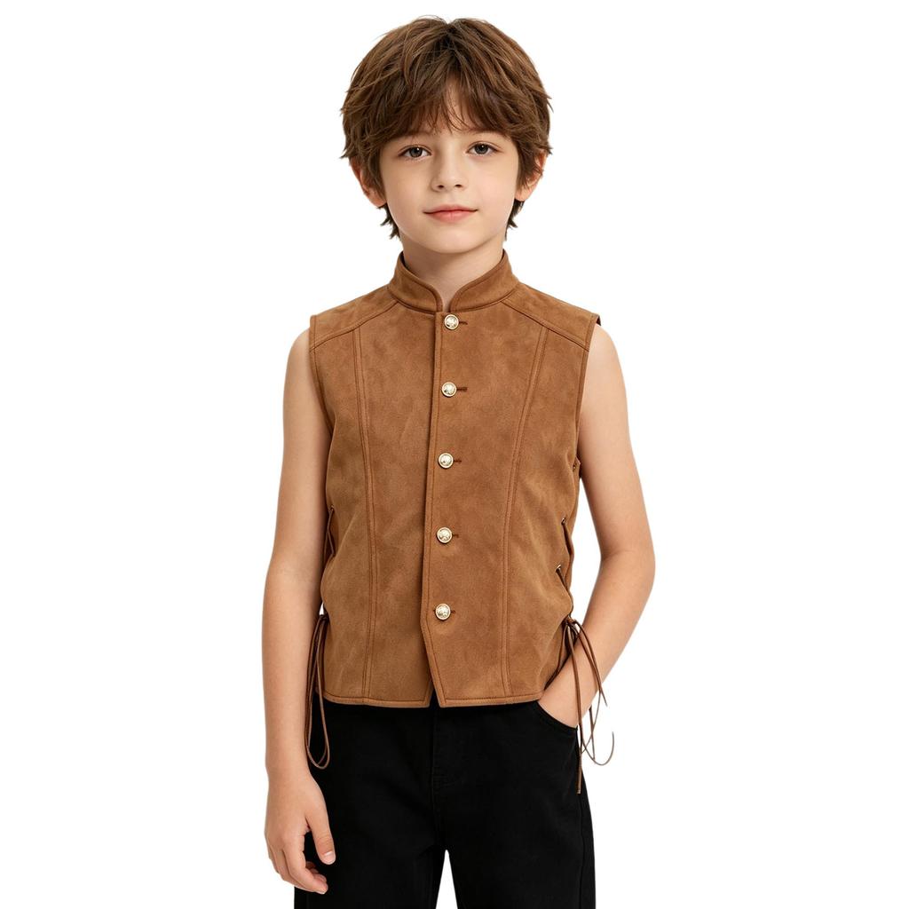 Kids Pirate Waistcoat Renaissance Stand Collar Button Closure Side Lace Up Vest for Halloween Cosplay Party Fancy Dress