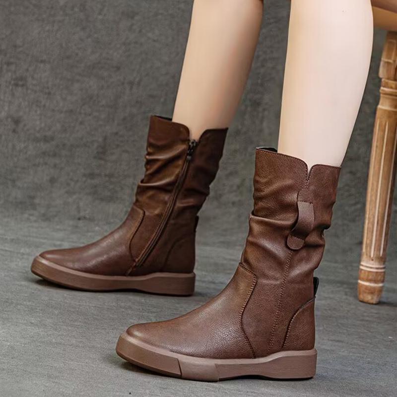 Модные кожаные женские зимние сапоги до середины голени на плоской подошве со складками зимняя женская обувь 2024 года модные мотоциклетные сапоги новые готические удобные женские ботинки