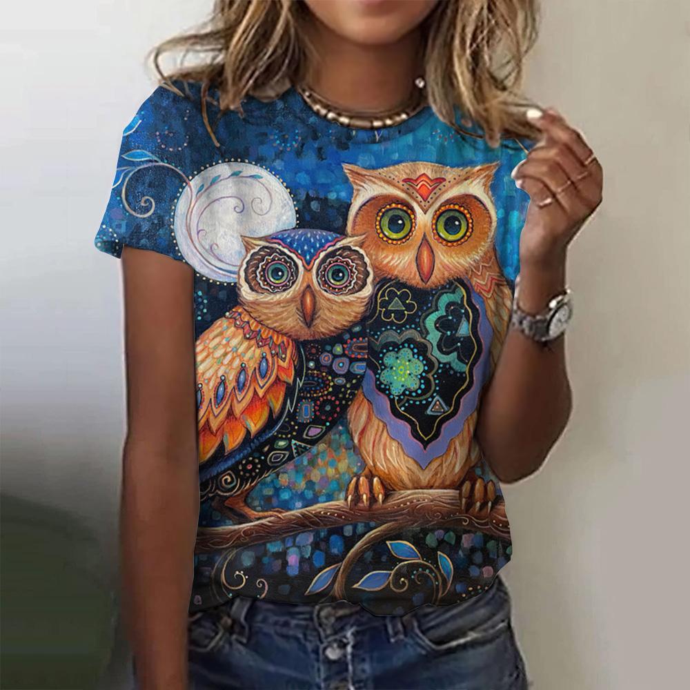 Summer Round Neck Owl Pattern Printed Top Fashionable Casual Cute Short Sleeved Women's T-shirts