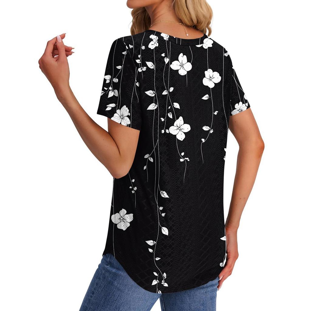 Womens T Shirts V Neck Short Sleeve Casual Tops Loose Fit Basic Tees With Curved Hem