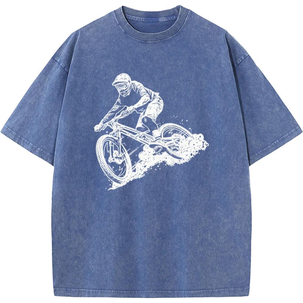 Футболка мужская с принтом «Езда на велосипеде», хлопковая, стираная, с круглым вырезом, новинка, повседневная, свободная, отбеленная футболка