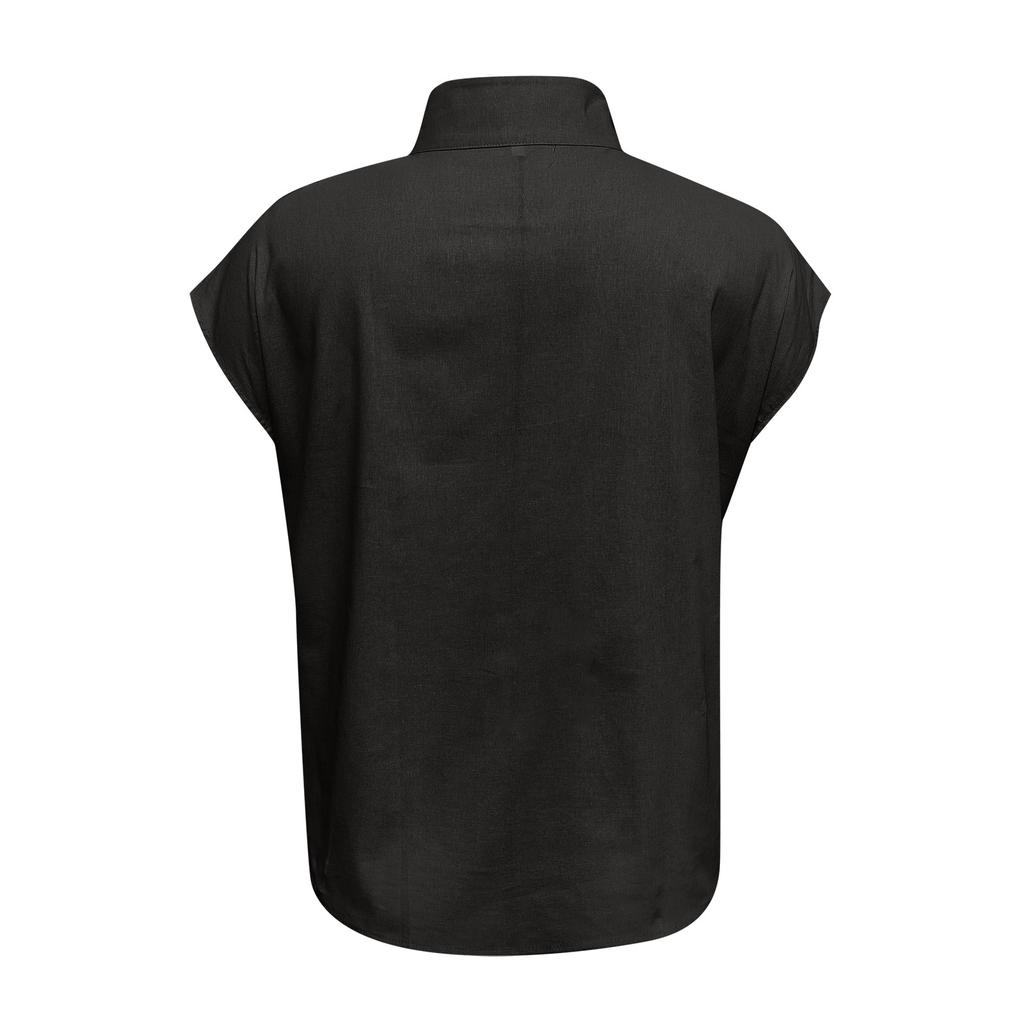 Women's Casual Solid Color Cotton Linen Standing Collar Button Short Sleeved Shirt