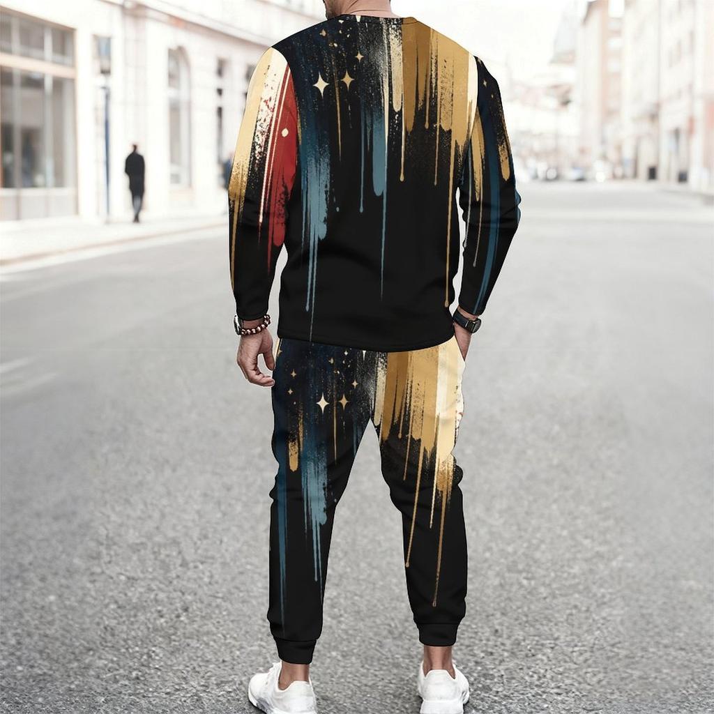 Men Plus Size Printed Two Piece Set Round Neck Long Sleeve Top Cuffed Pants