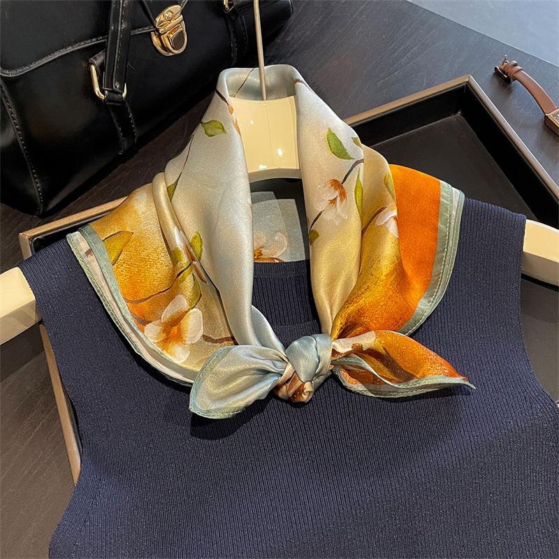 Luxury Brand 100% Natural Silk Scarf Women Design Small Square Shawl Hair Ribbon Headband Fashion Neckerchief Bandana