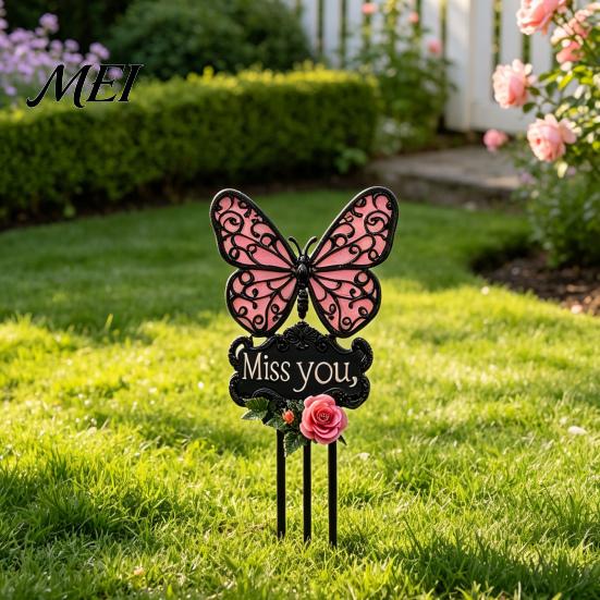 Outdoor Sympathy Gift Butterfly Memorial Garden Stake, Miss You Sign, Pink Acrylic Rose Decor Yard Art Stake for Lawn Courtyard Cemetery Decoration