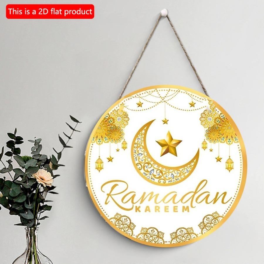 2D плоский 20*20 см 1 шт EID Mubarak Gloden Moon&Stars симпатичный круглый деревянный кулон, золотой великолепный стиль потолочный подвесной орнамент Рамадан, ислам мусульманский