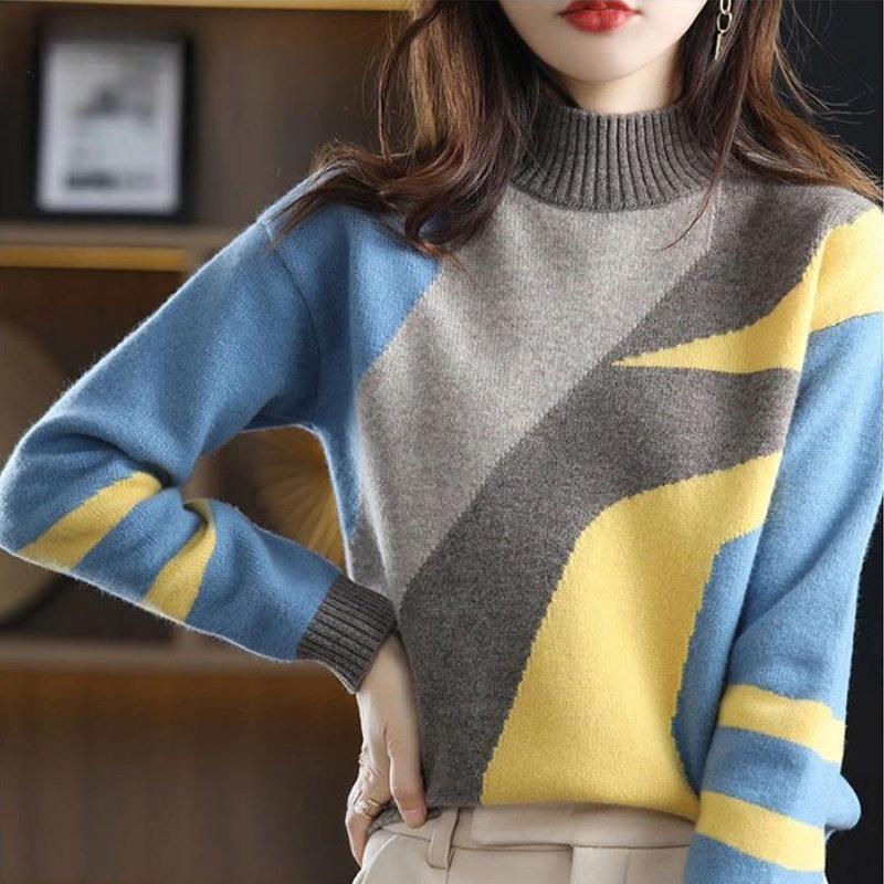 Модные женские свитера в стиле пэчворк, свободные свитера, повседневные, с высоким воротником, для осени и зимы, для поездок на работу, контрастные цвета, топы