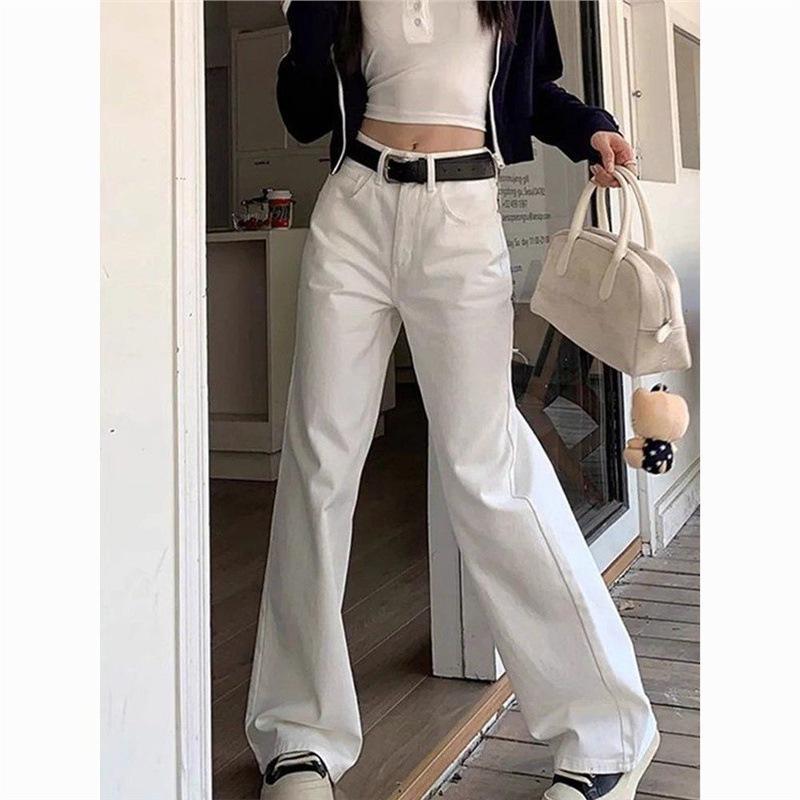 Women's High Waist White Retro Straight-Leg Jeans - Slimming, Versatile, Wide-Leg, Long Pants