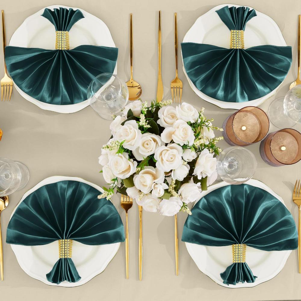 M 100 Pcs Dark Green Satin Napkins and Napkin Rings Set, 17 x 17 Inch Square Cloth Napkins Set of 50, Silky Soft Table Napkins Bulk