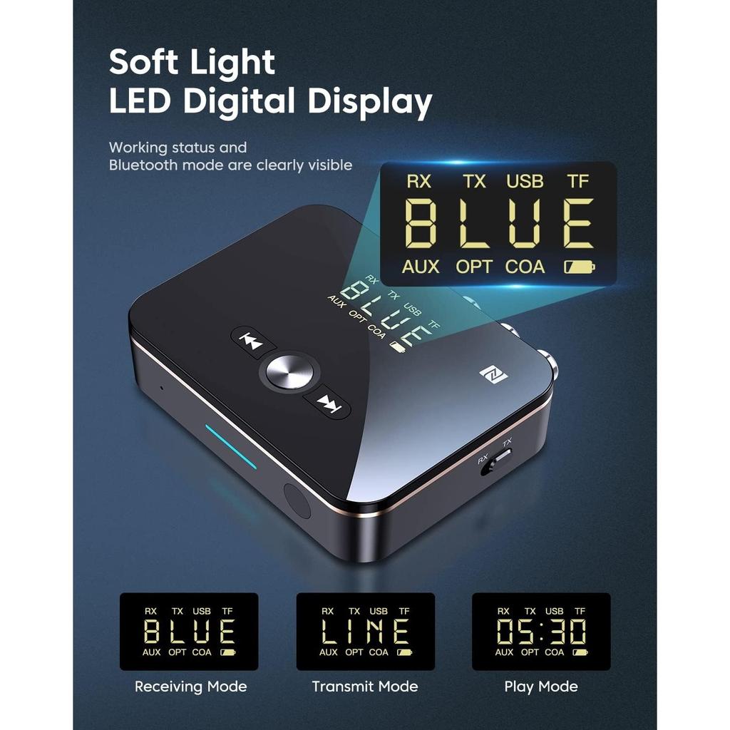 Bluetooth-передатчик 2 в 1, приемник для телевизора, ноутбука, стереосистема, наушники, динамик, кабель RCA/AUX, AptX HD и AptX LL, время воспроизведения 10 часов