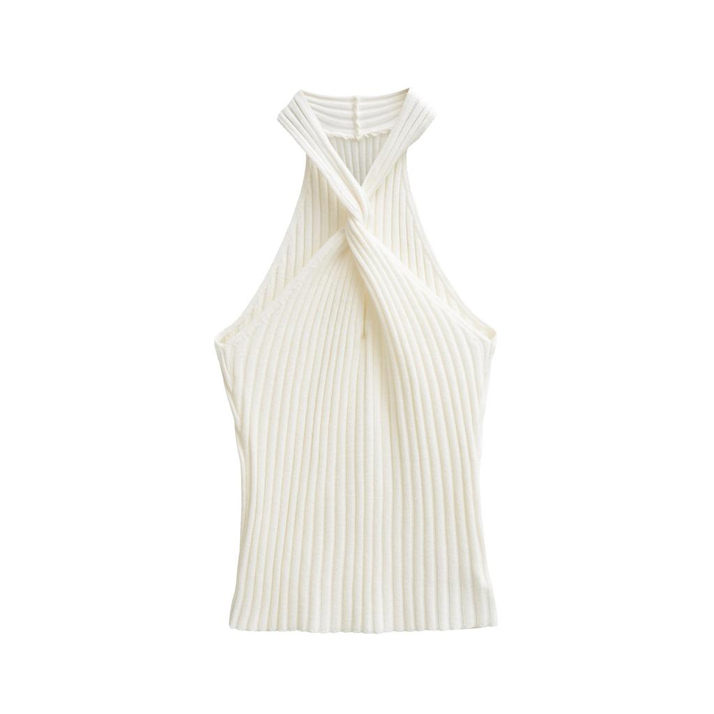 Elastic Knit Halter Neck Slim-Fit Tank Top for Women, 2026 Summer New Style, V-Neck with Front Twist and Backless Design