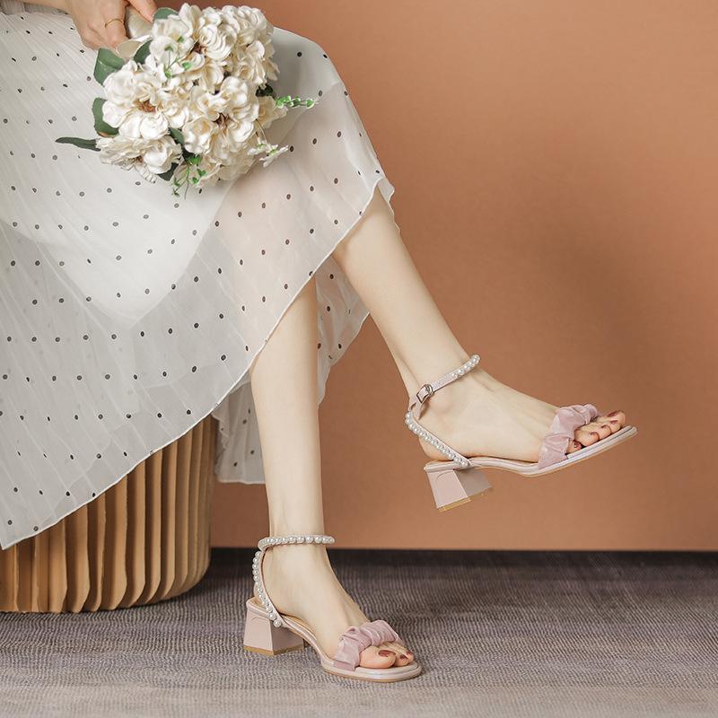 Leather flat for Huizhou women's shoes heels with sandals, summer new open-toed high-heeled sandals