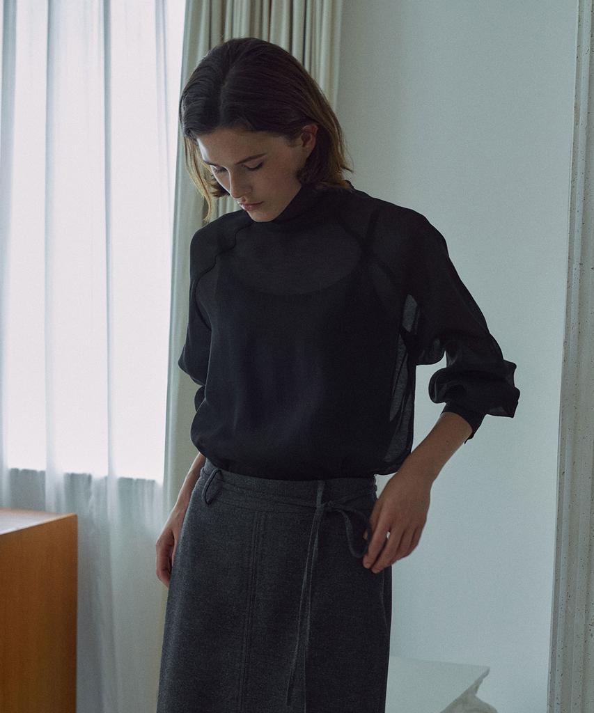 LAMEREI Прозрачная блузка с галстуком[Lmbfco25Sh314]-2Цвета