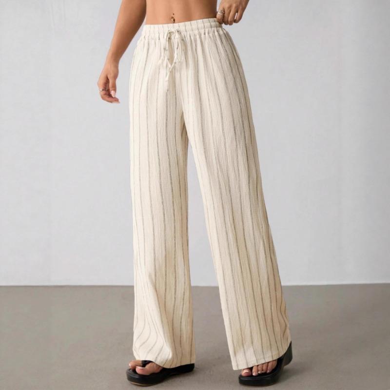 Womens Striped Wide Leg Pants Loose Casual Drawstring Elastic Waist Contrast Color Multicolor