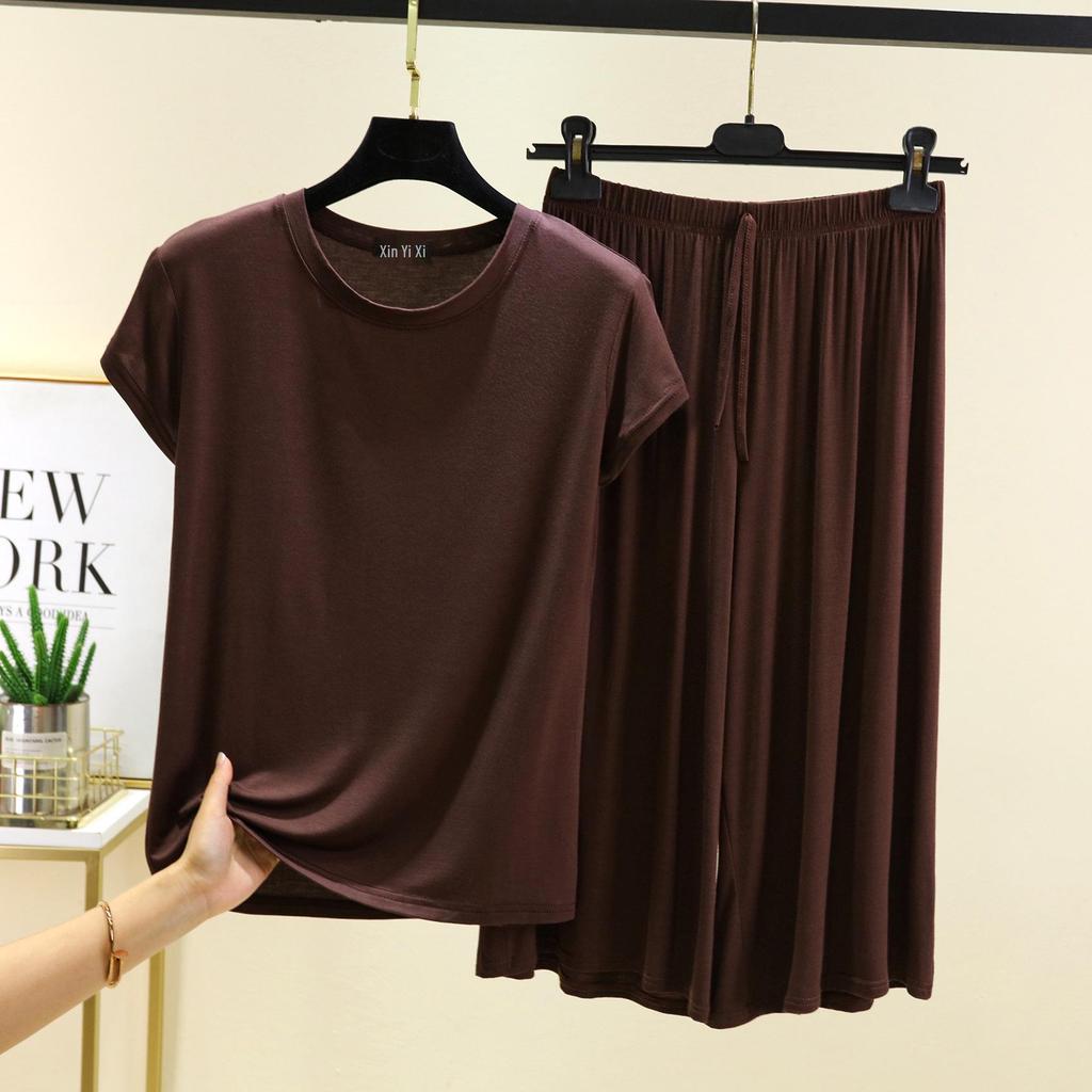 Женский повседневный комплект больших размеров из модала с коротким рукавом - Корейский стиль, брюки с широкими штанинами, двухпредметная домашняя одежда