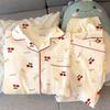 Cute Little Cherry Wrinkled Cloth Pajamas Women'S Spring Pastoral Long-Sleeved Cardigan Loungewear Two-Piece Set