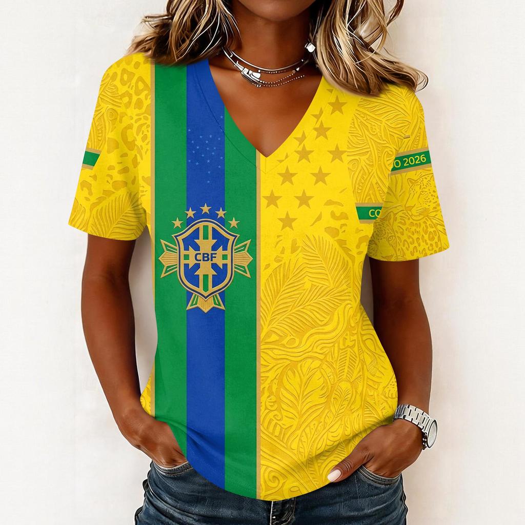 Women's Short Sleeve V-Neck T-Shirt with Soccer Flag Print for Casual Day Wear