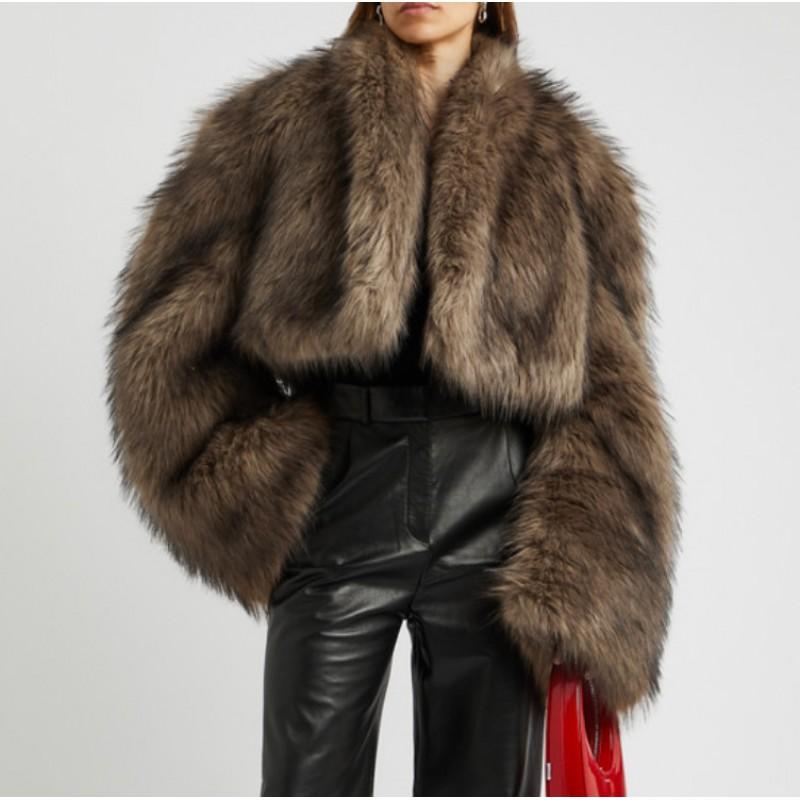 Faux Mink Fur Short Jacket Women Vintage Chic Two-Way Wearable Fuzzy Coat Winter