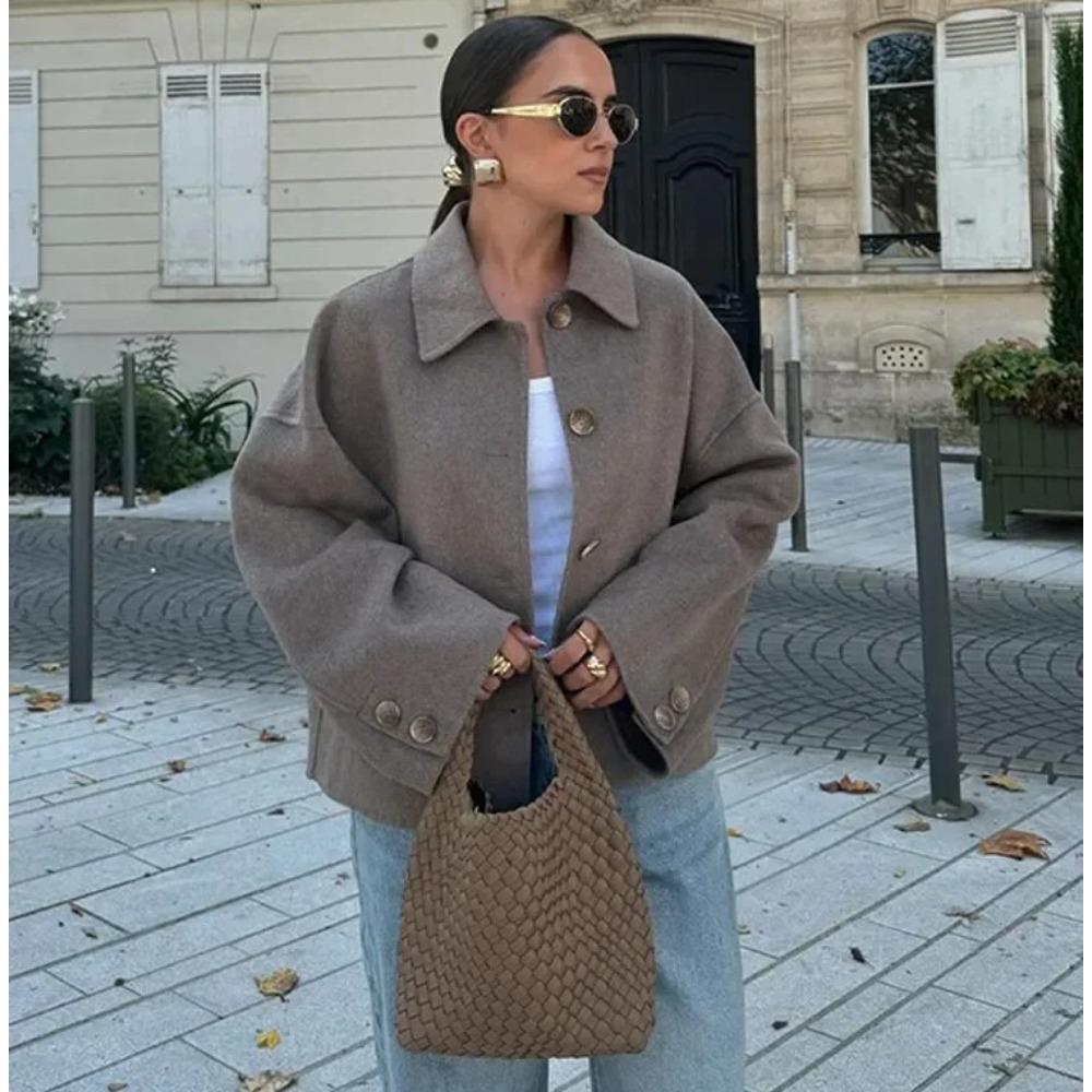 Casual Solid Single Breasted Wool Jacket Women Chic Lapel Long Sleeve Pleated Pocket Loose Coats Autumn High Street Overcoat