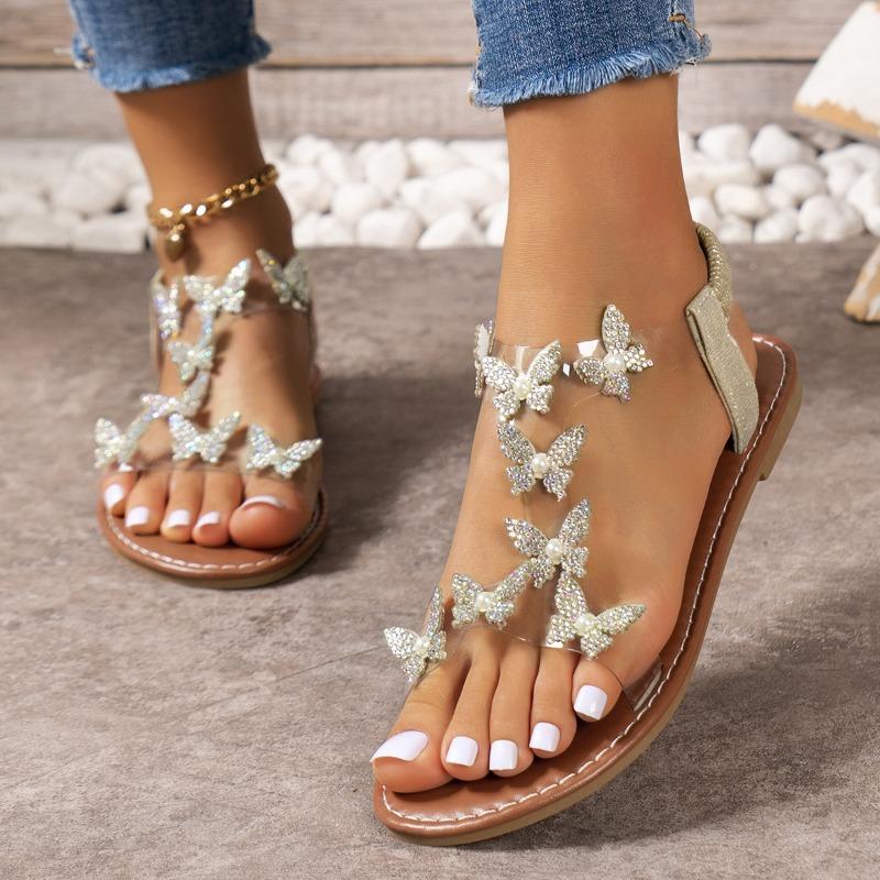 Размер 36-43 Новые плоские сандалии Butterfly Rhinestone с мягкой подошвой и пляжные сандалии на каблуке