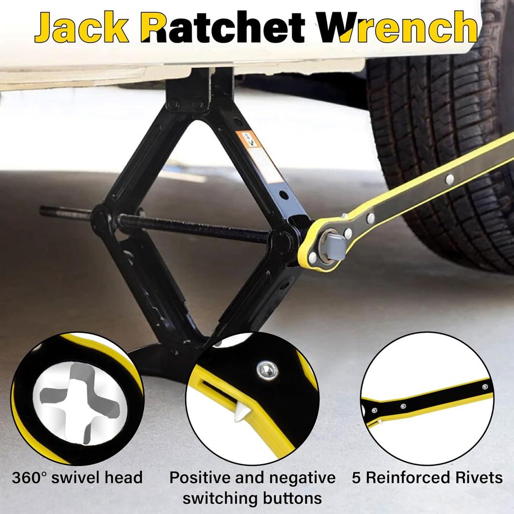 Car Jack Ratchet Wrench, Labor-Saving Tire Jack Handle, Scissor Jack Adapter For Car With Long Handle, 360° Swivel Tire Wheel Lug Wrench For