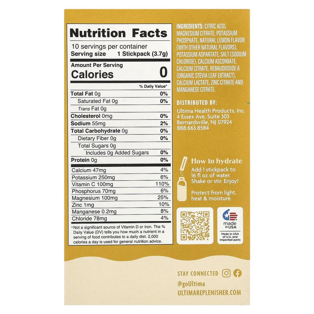 Ultima Replenisher 6 Essential Electrolytes, Daily Electrolyte Drink Mix, Lemonade, 10 Stick Packs, 0.13 Oz (3.7 G)