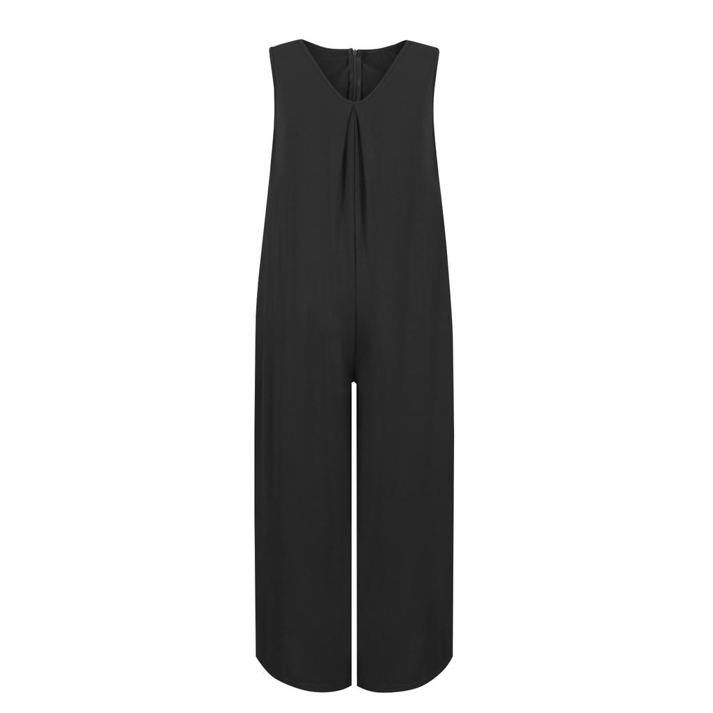 Womens Overall Jumpsuits Summer Sleeveless Ruched V Neck Flared Wide Leg Pants Rompers With Pockets