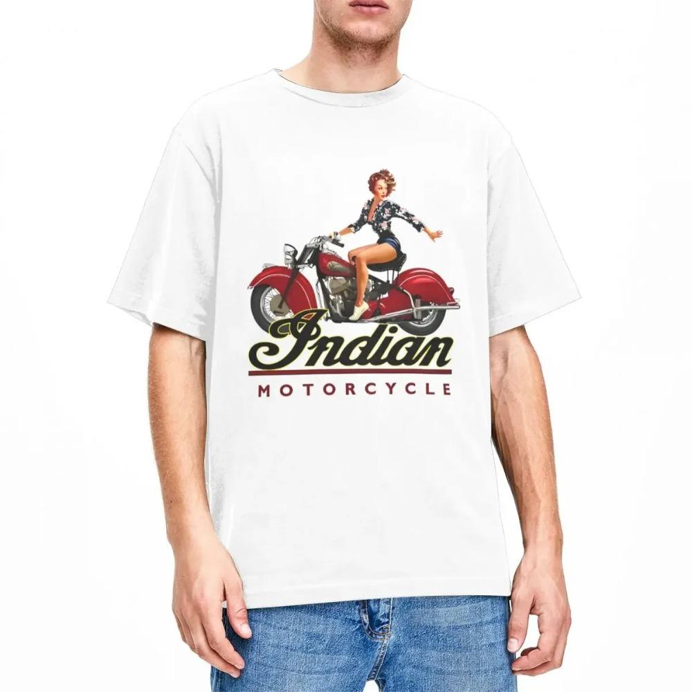 Vintage Pinup Girl On Red Motorcycle T-Shirt Man I-Indians Motorcycles Y2K Pure Cotton T Shirts Beach O-Neck Harajuku Tees Gift