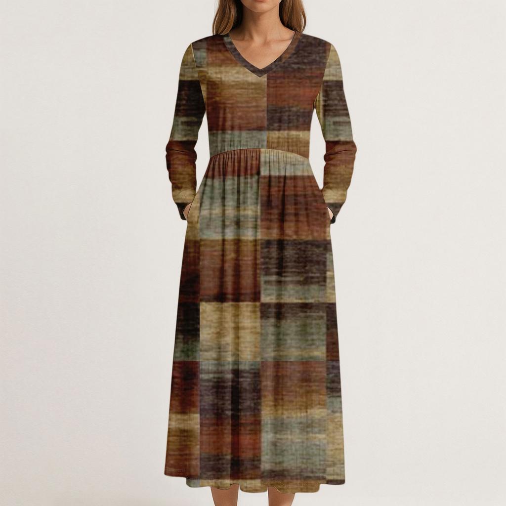 Платье для женщин длинное бохо пляжное платье элегантное макси-платье V-образный вырез длинный рукав платье с карманами