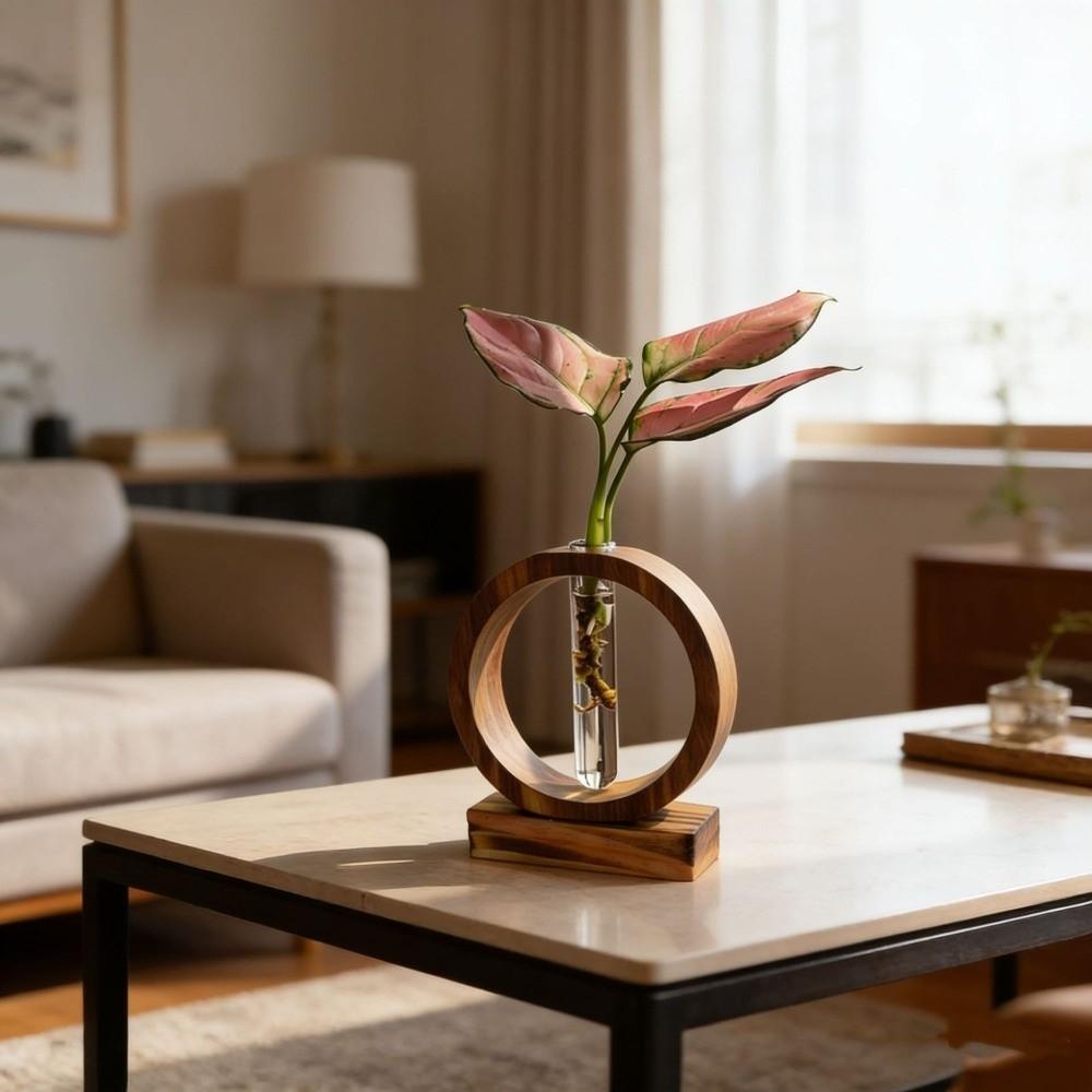 Home Decoration Hydroponic Flower Pot Wooden Small Glass Vase Decorative Vase Desktop Decor