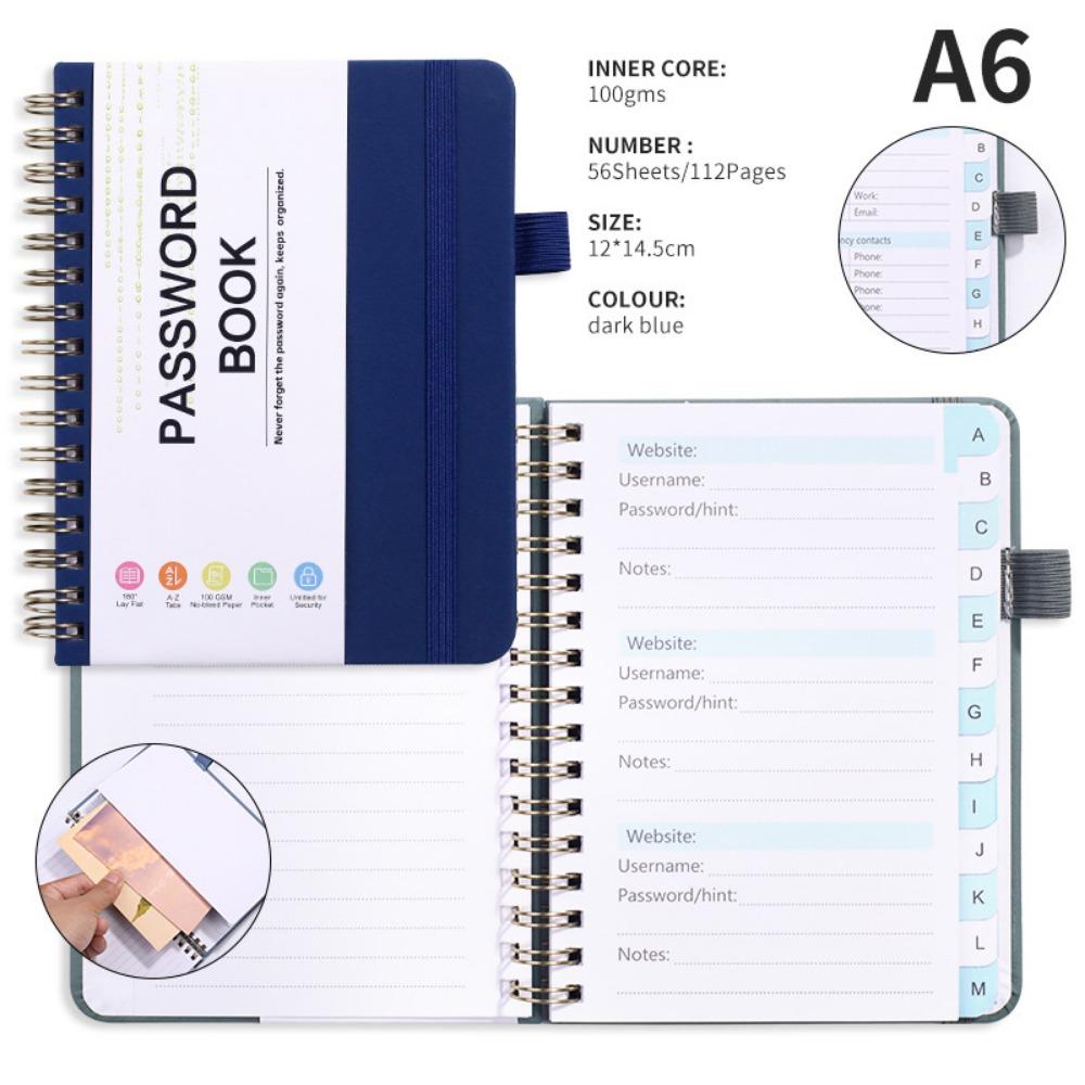 With Alphabetical Tabs Pocket Password Keeper Book Coil Book A6/B6 Size Password Keeper Notebook Portable with Penholder