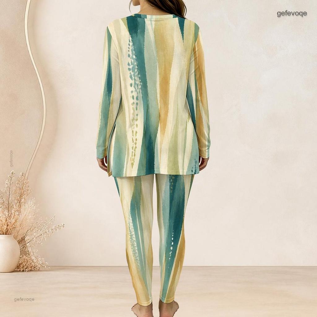 Women Plus Size Green Yellow Printed Half Zip Long Sleeve Top And Long Pants Two Piece Set