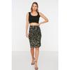 Black Printed Pleated And Slit Fitted High Waist Mini Knitted Skirt Twoaw22et0401