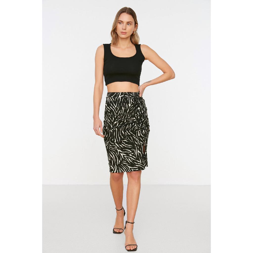 Black Printed Pleated And Slit Fitted High Waist Mini Knitted Skirt Twoaw22et0401