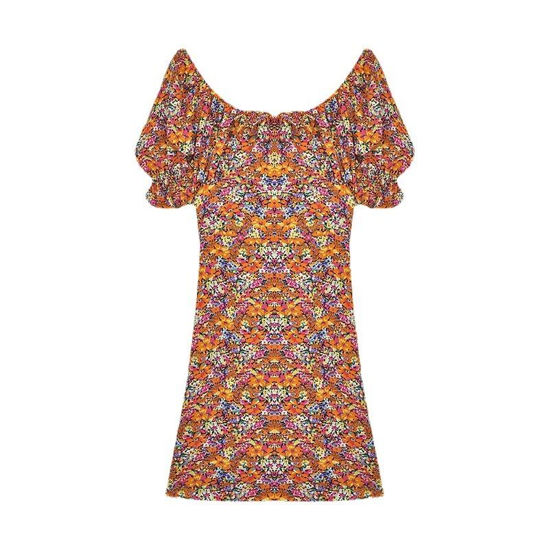 Floral dress women's summer dress new waist thin square neck bubble sleeve Platycodon French small short skirt