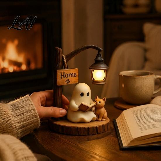 Halloween Ghost Statue Reading Figurine LED Light-up Street Light Resin Decorative Statue Cat Desktop Decoration for Holiday Party Figurine