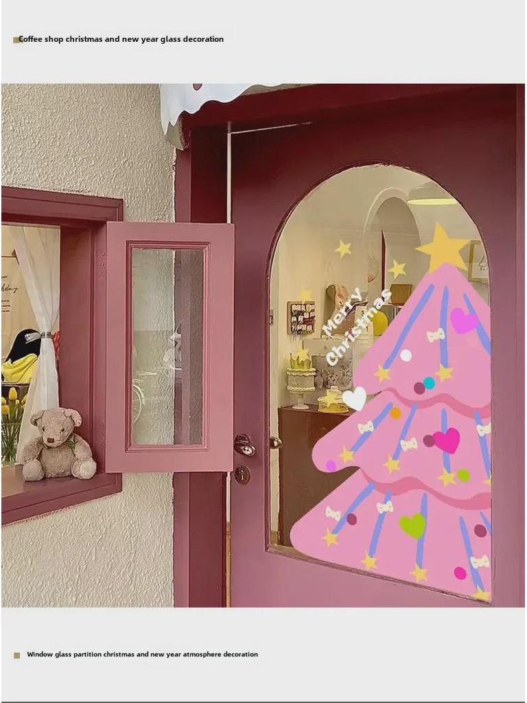 Розовые рождественские наклейки на окна 2025 года — дизайны снежинок и деревьев для стекла и дверей