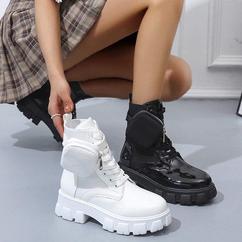 Модная женская обувь, осенние ботильоны с карманами, дизайн, женская толстая подошва, круглый носок, шнуровка, британская мода, зима, женская, большие размеры 2024
