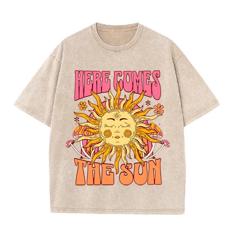 Винтажная черная футболка "Here Comes The Sun" Ретро Психоделическое Солнце Кислотная стирка