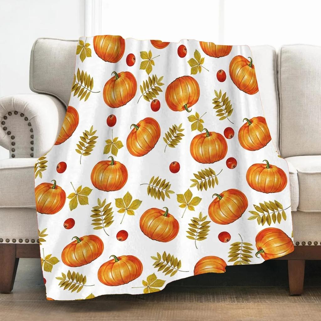 Fall Throw Blanket, Flannel Fleece Pumpkin & Maple Leaf Pattern Plush Shawl Blanket, Soft Lightweight Skin Friendly Decorative Throw Blanket