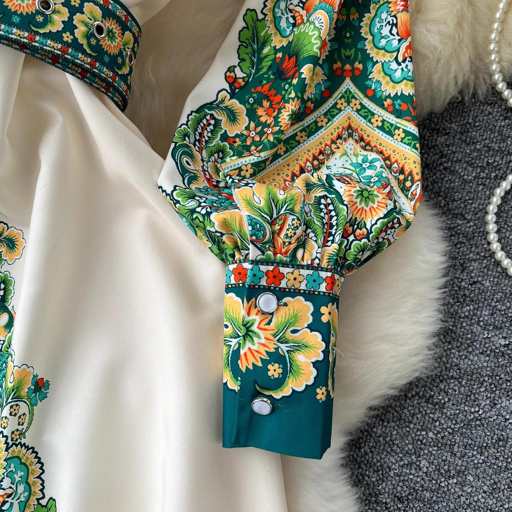 New Vintage Autumn Green Flower Printed Shirt Collar Dress For Women Single Breasted Lantern Sleeve Belt Holiday Midi Robe