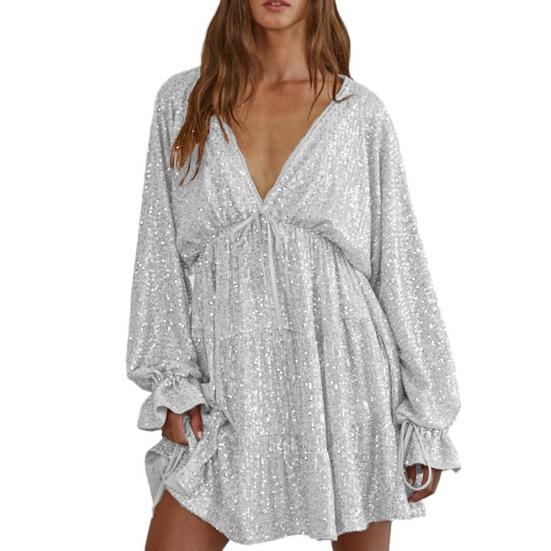 Платье для вечеринки Lady Club с глубоким V-образным вырезом, с мерцающими пайетками, свободного кроя, однотонное