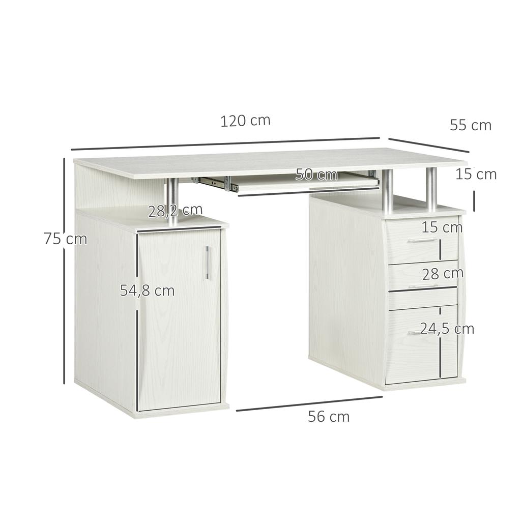 Computer desk, computer desk 120 x 55 cm with keyboard tray, 3 drawers, for bedroom, home, white