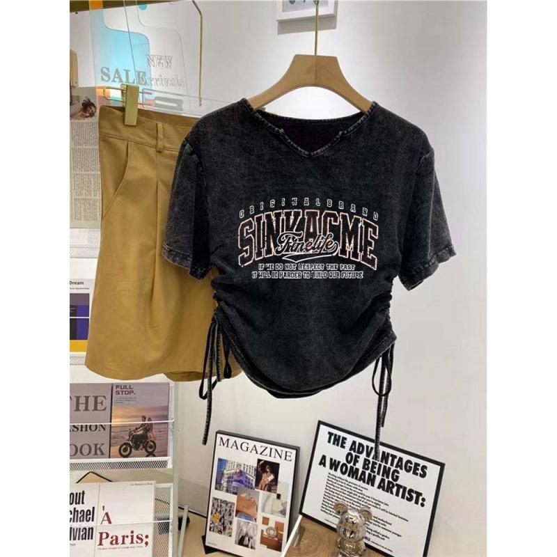 Женская футболка из чистого хлопка с коротким рукавом и принтом в стиле хай-стрит с эффектом потертости – Летняя коллекция 2025 года в национальном стиле