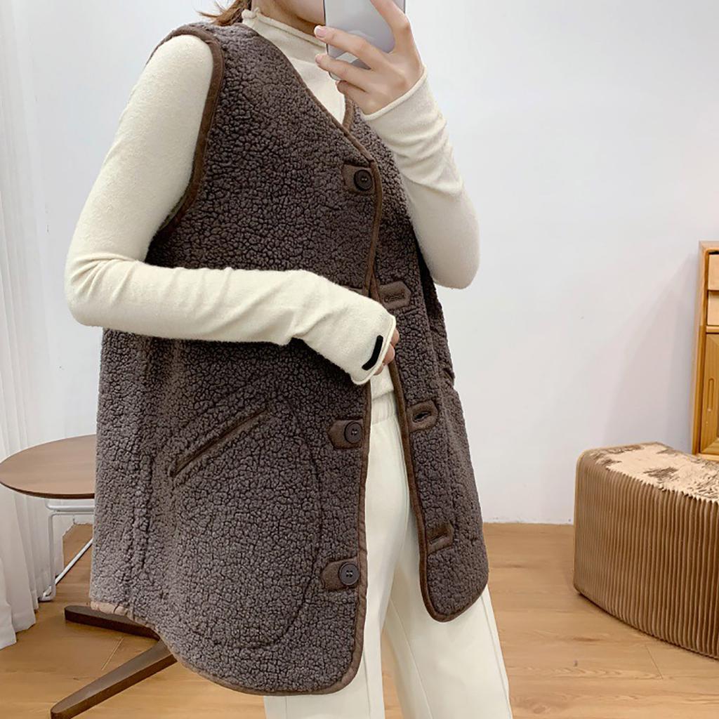 Women Pocket Vest Coat  Jacket Winter Sleeveless Fleece Button Solid Outerwear