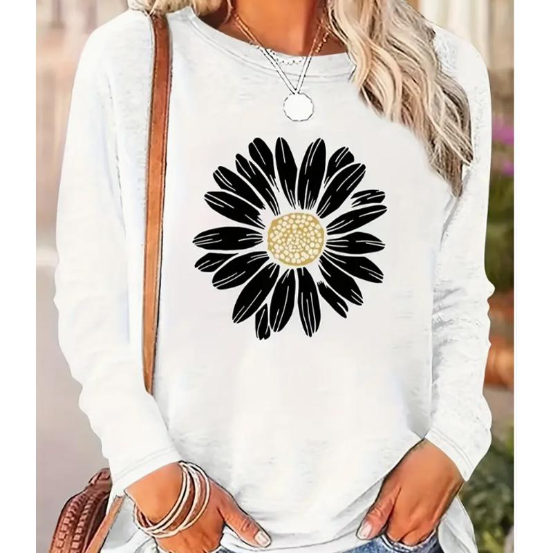2025 Осень и Зима Женский Новый Повседневный Топ с Круглым Вырезом и Длинным Рукавом с 3D Цветочным Узором