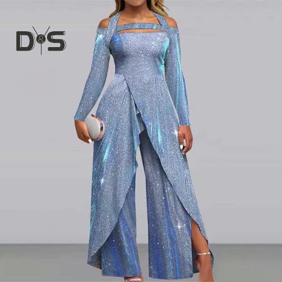 Женский комбинезон с вырезами и блестящими пайетками, с плотной талией, с бретелькой на шее, с широкими штанинами и длинными рукавами, с разрезом, нерегулярной длиной до щиколотки, женский комбинезон для выпускного вечера